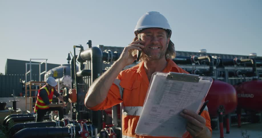 Construction worker supervising a worksite making a phone call at morning