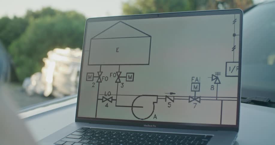 A man points at a project map on a laptop computer screen outdoors