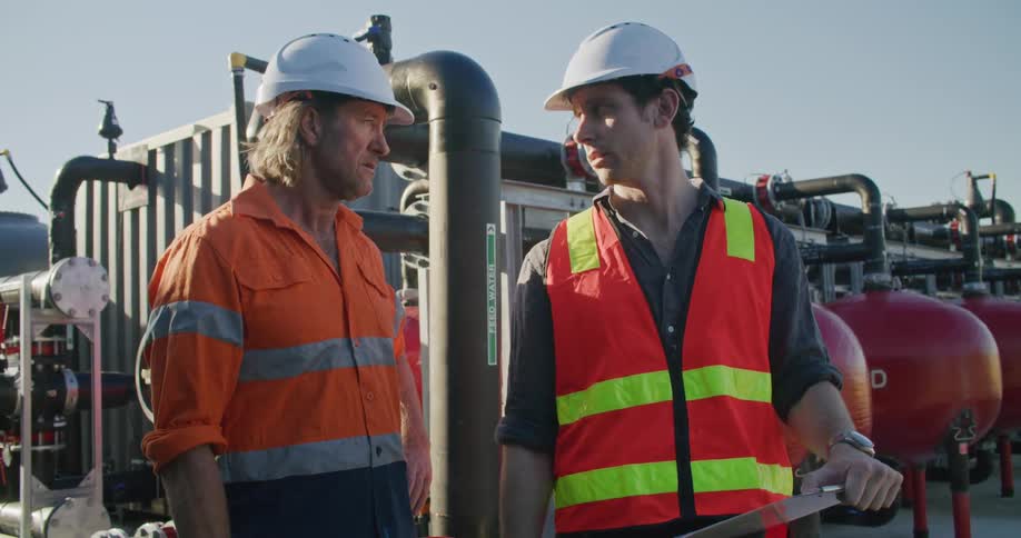 A boss and an employee stand in front of equipment and talk