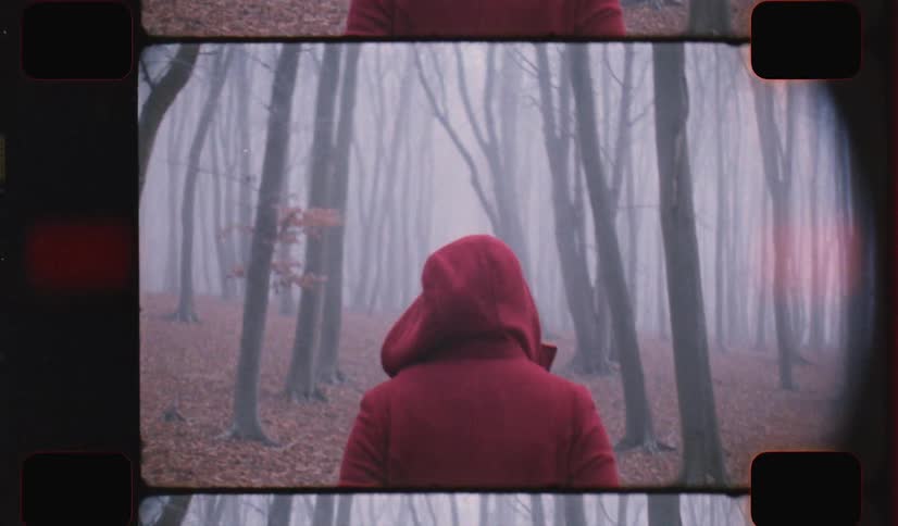 A person wearing a red hoodie walking through a misty forest on Film