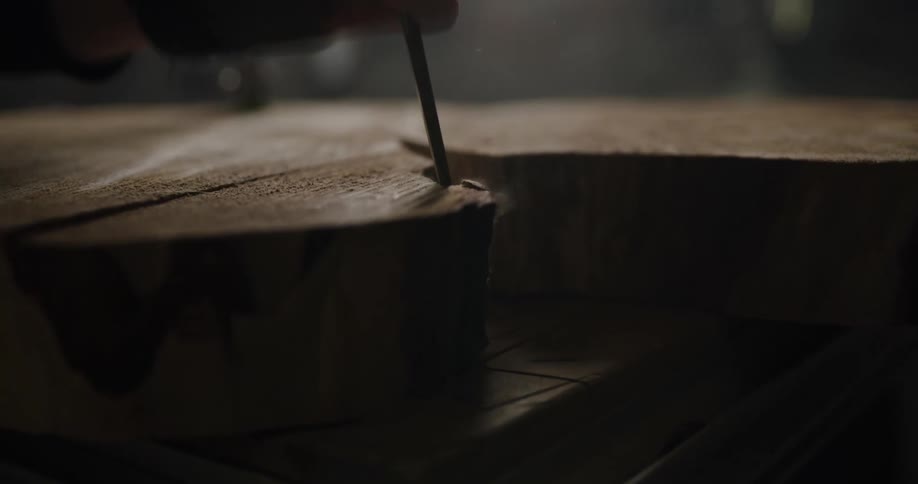 A person is cutting wood from a tree