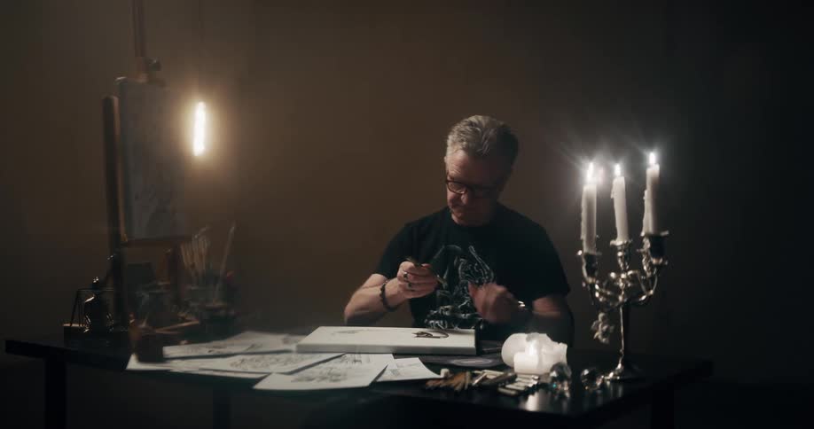 A man sitting on a chair at a table with a candlestick and candles with a wall in the background