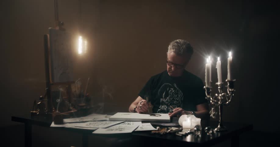 A man is sitting at a table and writing on paper