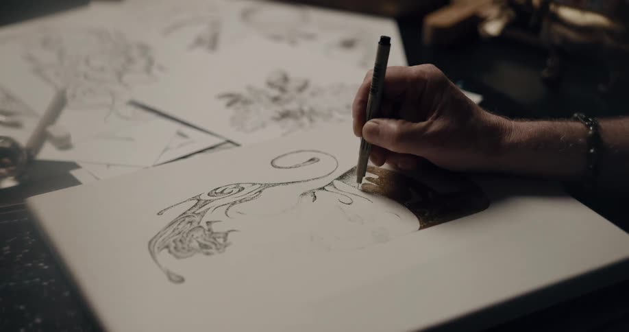 An artist carefully draws a picture on a blank piece of paper