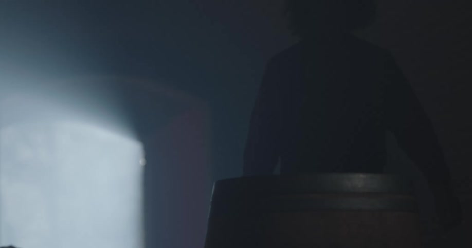 A man in an apron walking into a dark cellar to get a wood barrel