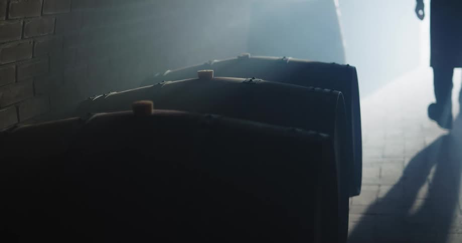 A silhouette of a person walking in a room with barrels with a wall in the background