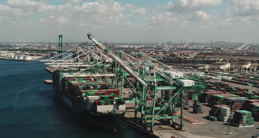 An aerial view of a port and city