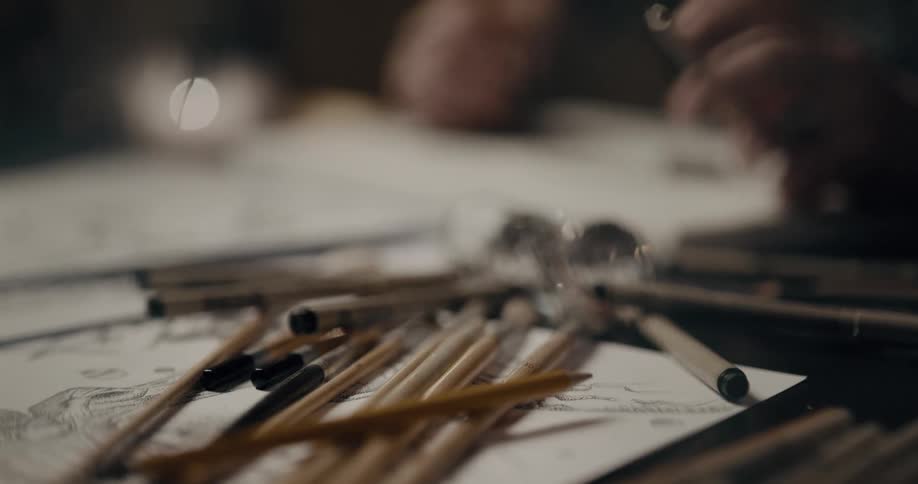 A man picks a pen up and starts drawing