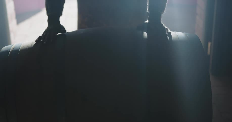 A person is moving a barrel into a room