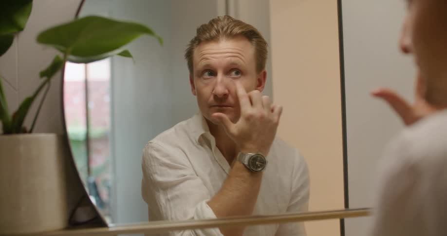 A man is looking in the mirror and applying ointment to his face