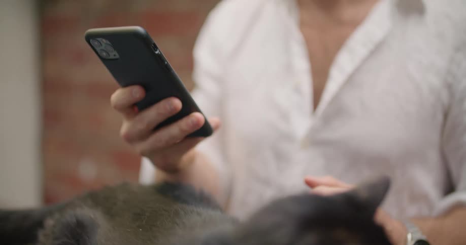 A man outside petting a cat while he is looking at his phone