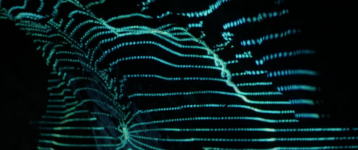 Green and blue lines are projected on a stone wall