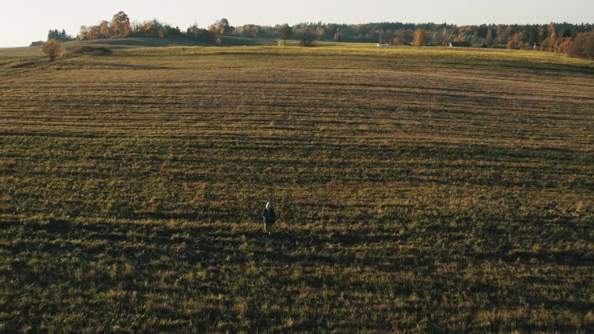 Child wearing a knit hat and a jacket is walking across an open field