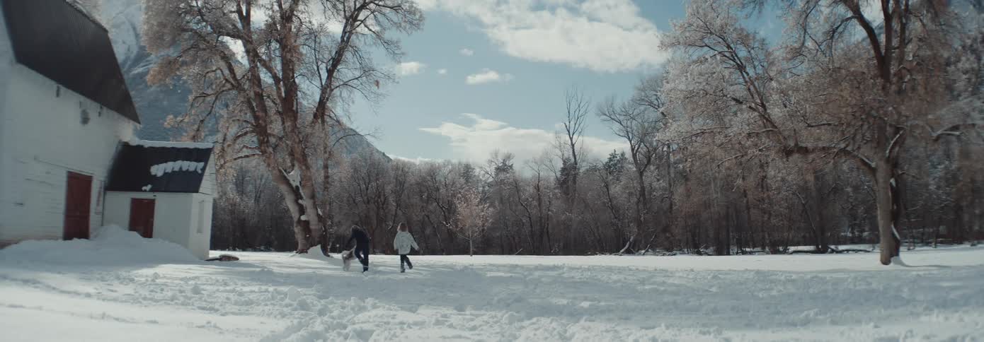 A boy and a girl running and playing with a dog in snow with trees the sky and clouds in the background