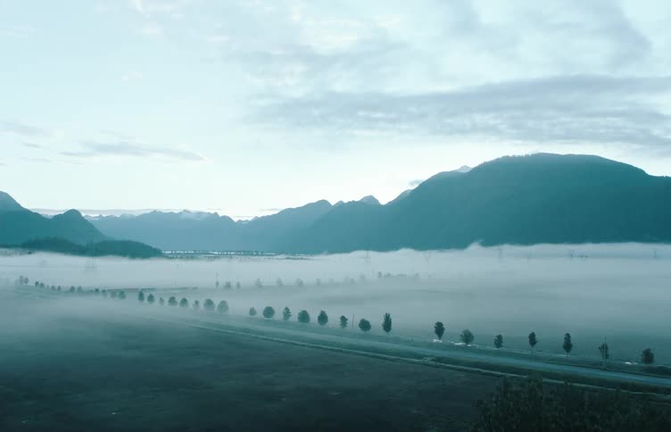 A grassy field surrounded by trees with a mountain range the sky and clouds in the background
