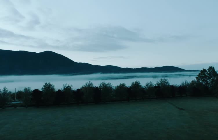 An aerial view of a grassland in front of a lake