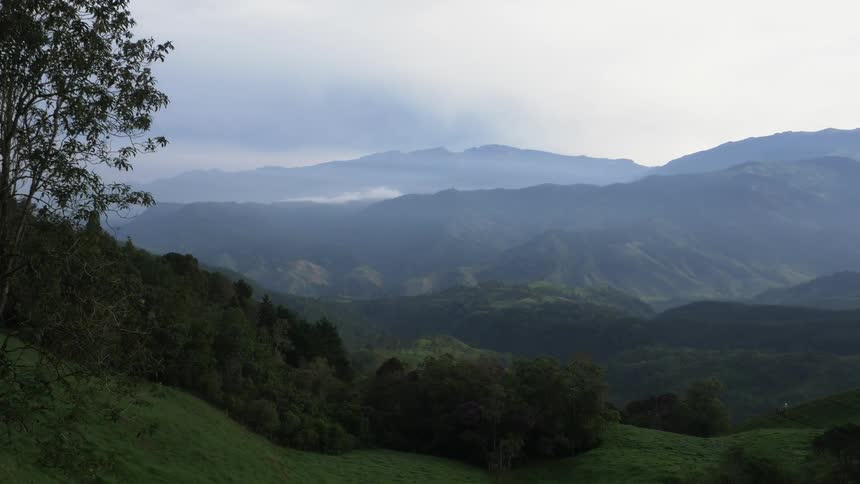 Trees and mountains under a hazy and cloudy sky