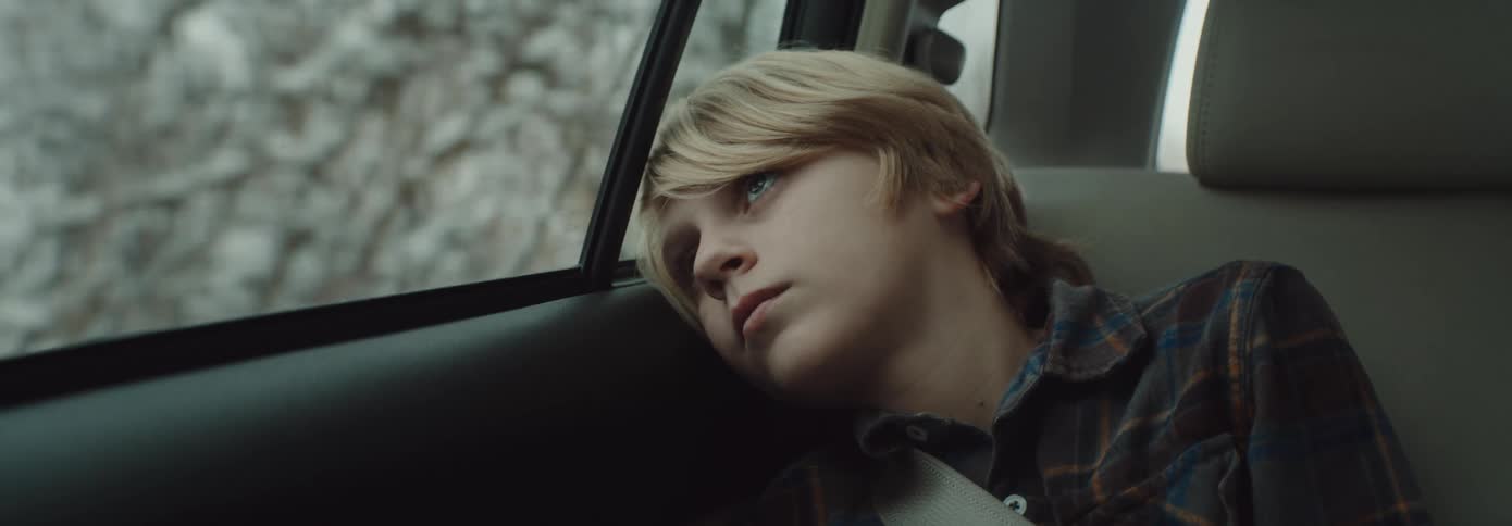 Boy sitting inside a moving car looking out the window at the passing trees