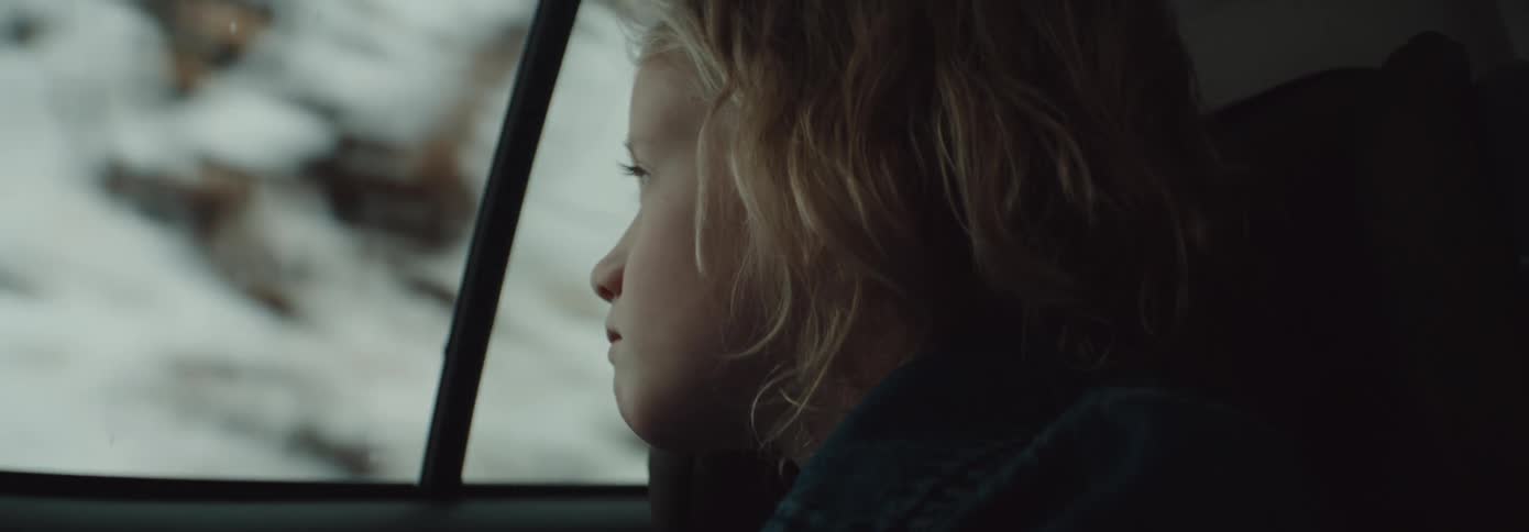 A person sitting in a vehicle looking out of the window with snow and trees in the background