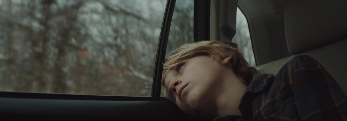 A boy sitting in the backseat of a vehicle rests his head on the windowsill as the car travels through a snowy countryside during the day