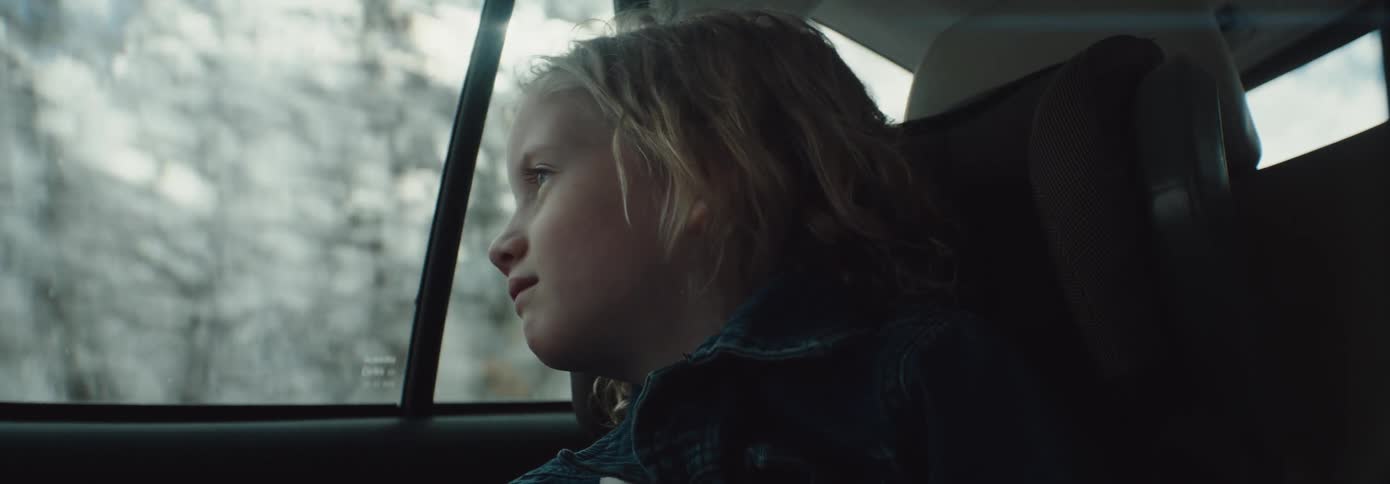 A child sits in the back seat of a vehicle looking to the mountain scenery out of the window