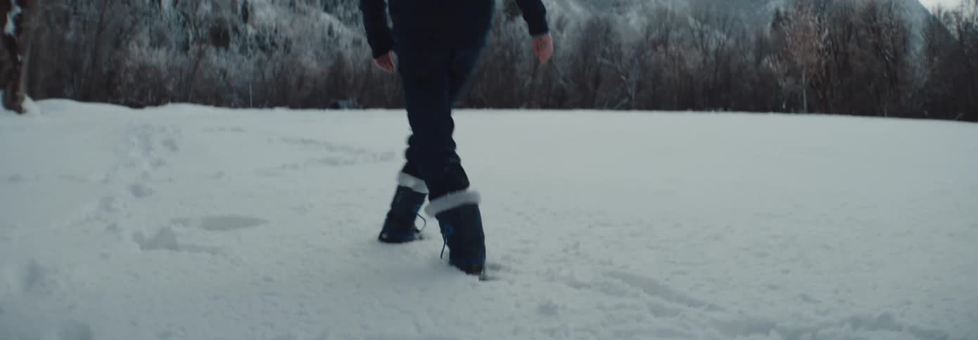 A boy walks in the mountainside snow and a dog runs up beside him
