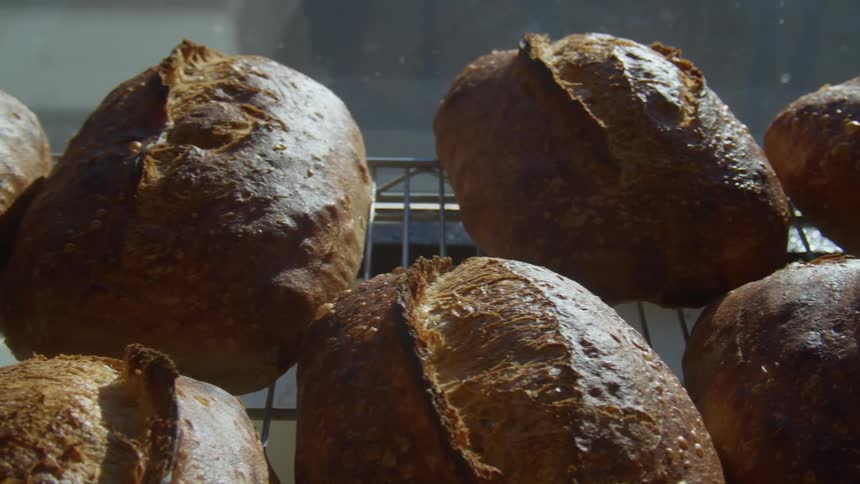 Loaves of crusty bread sit on a long wire shelf in a bakery