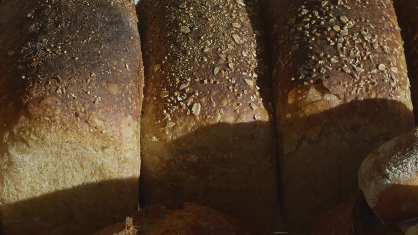 Bread lined up in a bakery