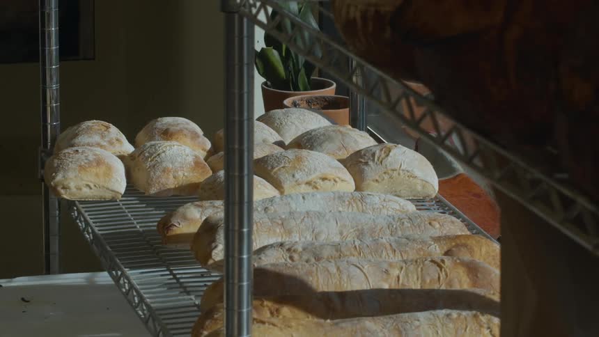 A person puts bread on a shelf in a bakery