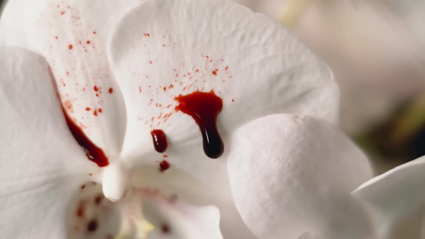 A deep red drop of blood drips off the white petal of a flower