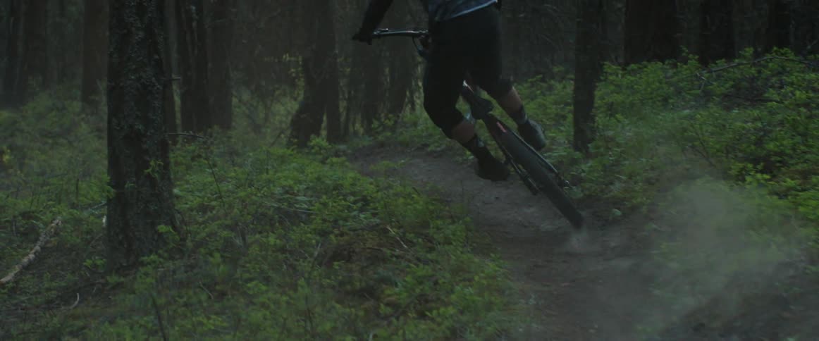 A cyclist stylishly maneuvers his mountain bike down a narrow dirt trail in the forest