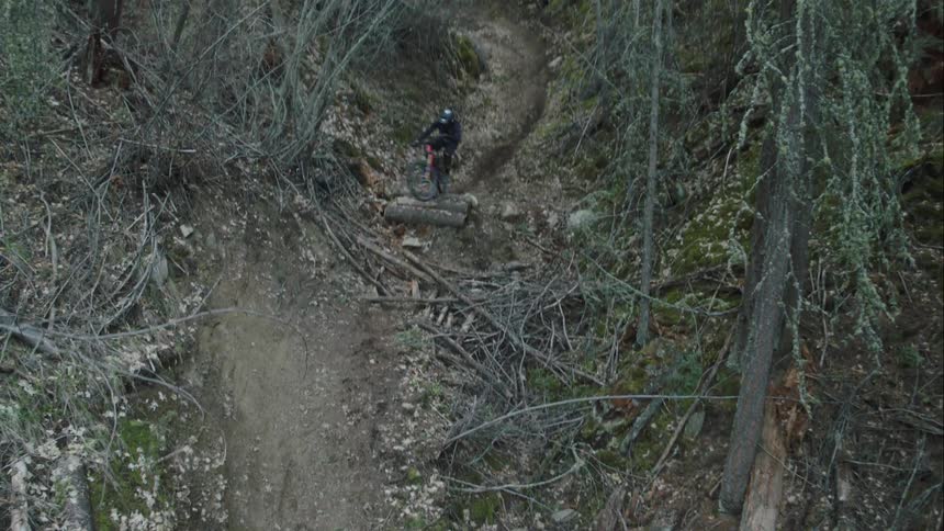 An aerial view of a person riding a bike down a trail