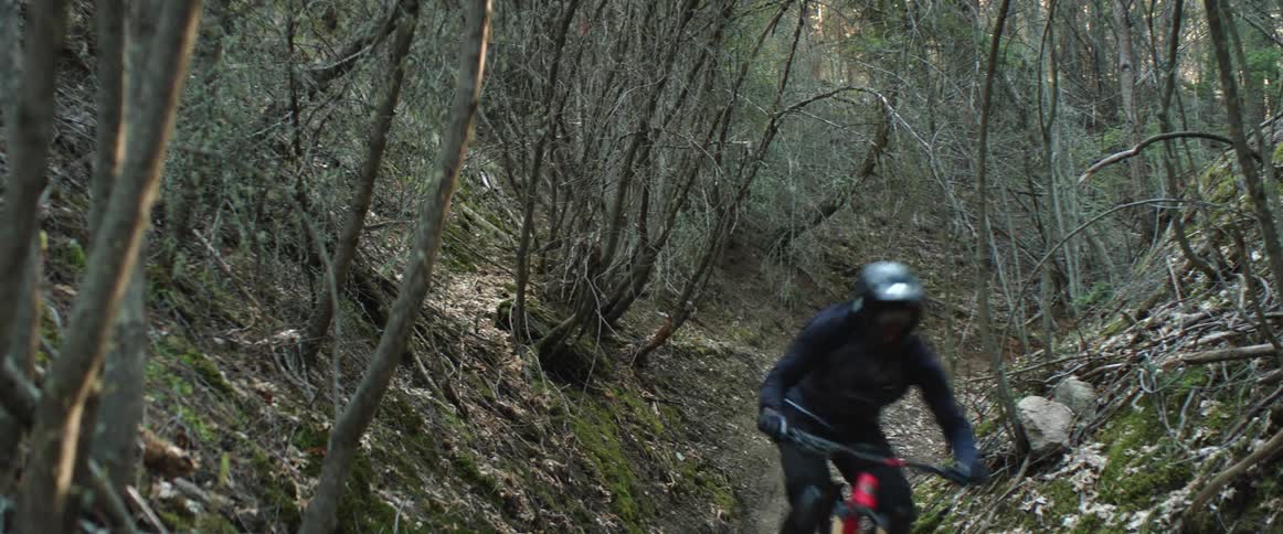 A person riding a bicycle through a corner and down a fast forest trail