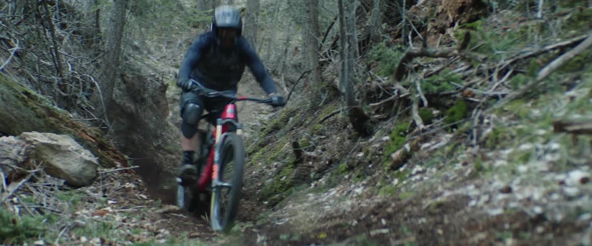 A person with a helmet racing a mountain bike in a forest ravine with trees