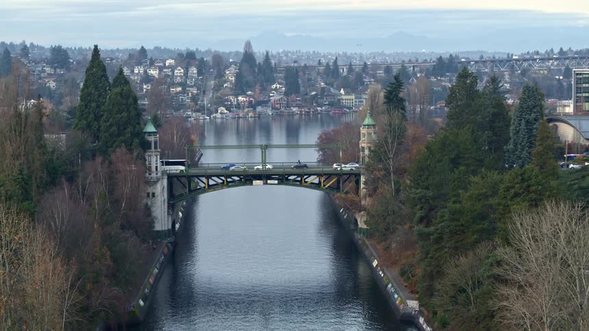 Morning commuters on the Montlake bridge with Portage Bay and Interstate 5 in the distance