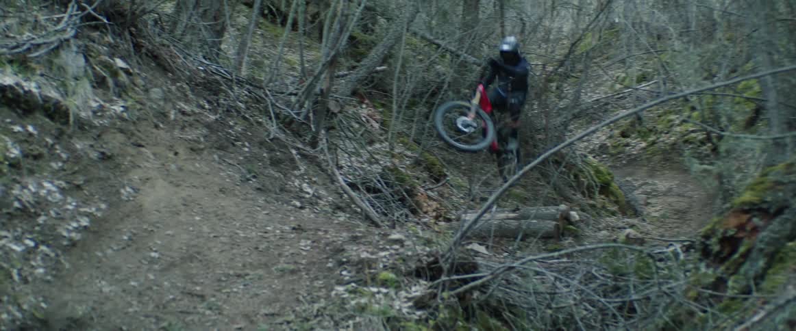 A mountain bike rider jumps in the air as he comes around a curve in a dirt trail filled with fallen tree limbs in the forest