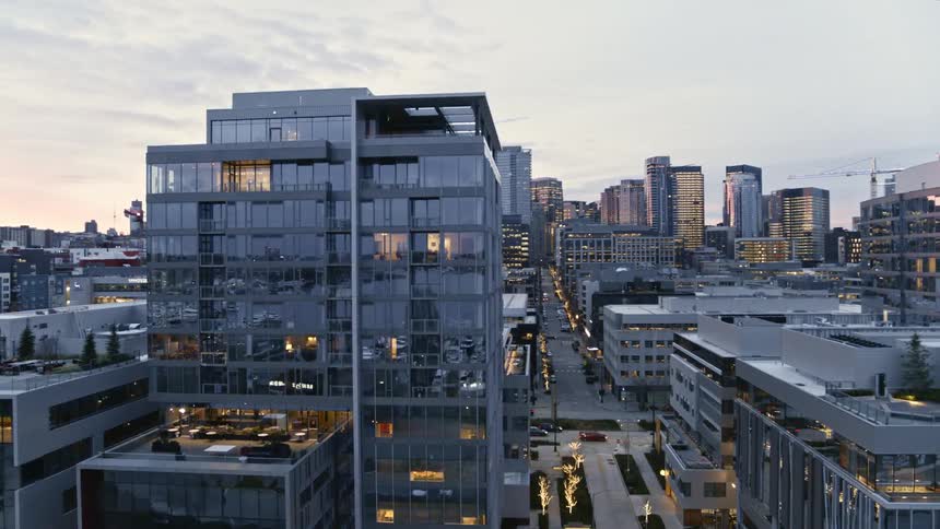 Gleaming new office buildings reflect beautiful morning light in the booming tech hub of Seattle