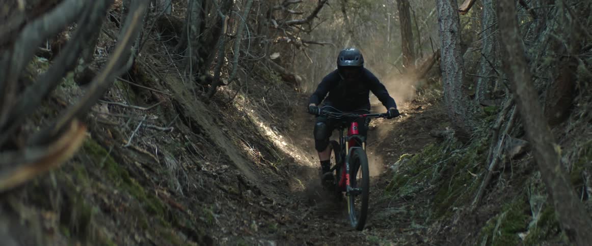 Mountain cyclist scrubs down forest ravine trail kicking up dirt in the morning sunlight