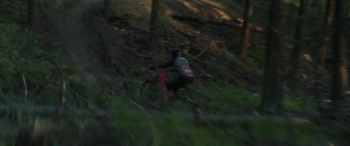 A mountain bike rider races through a curvy dirt trail in a forest
