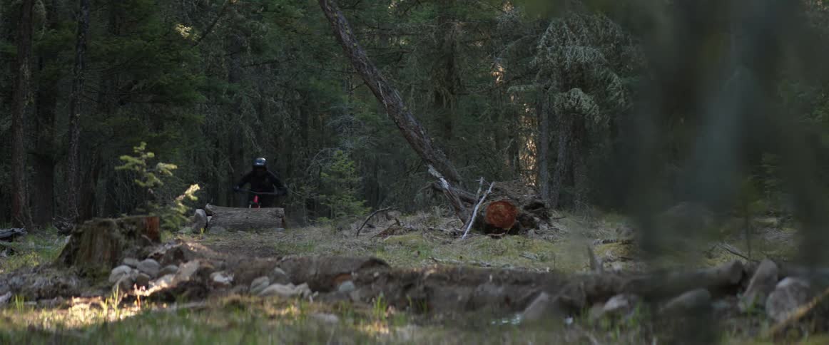 A mountain biker hits jump and turns corner in forest