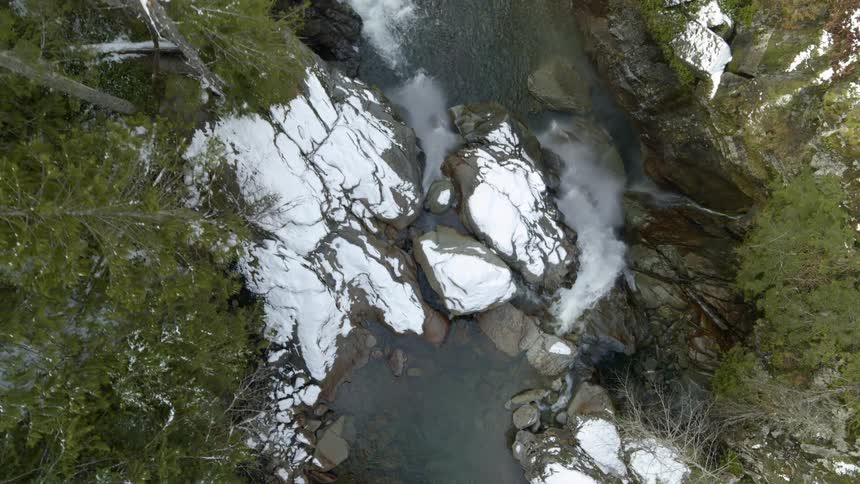 Birds eye view of crystal clear water flowing down twin waterfalls into an icy plunge pool below
