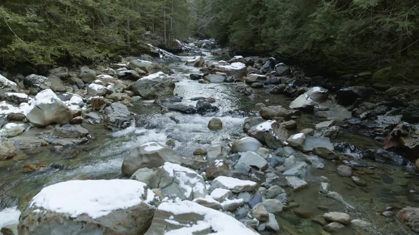 Flying low above a river filled with rocks and boulders running through deep woods