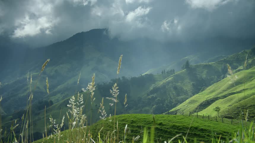 A view of grass rolling hills in a mountain area