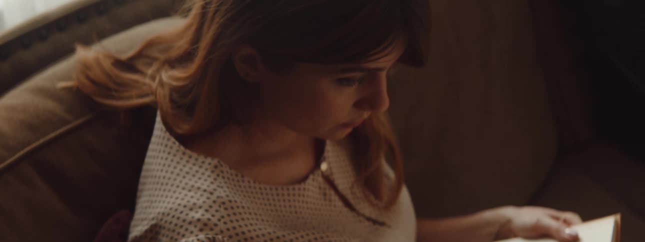 Woman sitting in a couch in the living room reads a book
