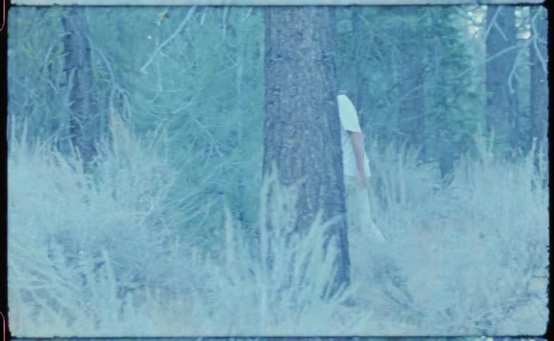 A man with blood on the side of his head walking through a forest at daytime