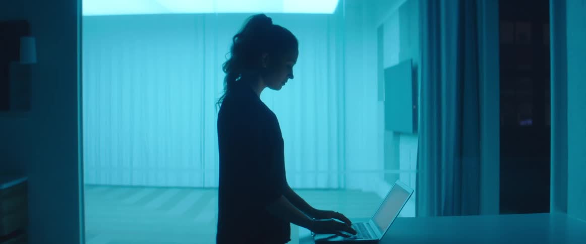 The silhouette of a woman can be seen as she stands at counter and types on a laptop