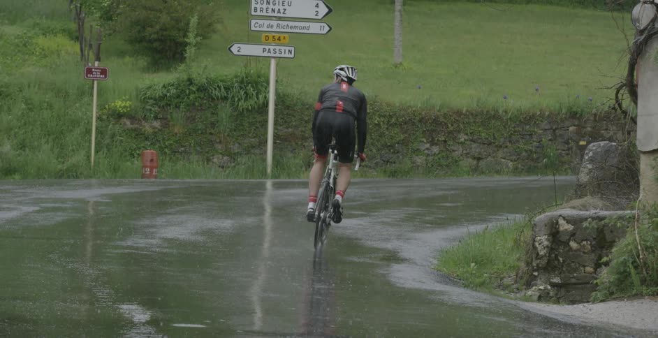 A person on a bicycle on a rainy day