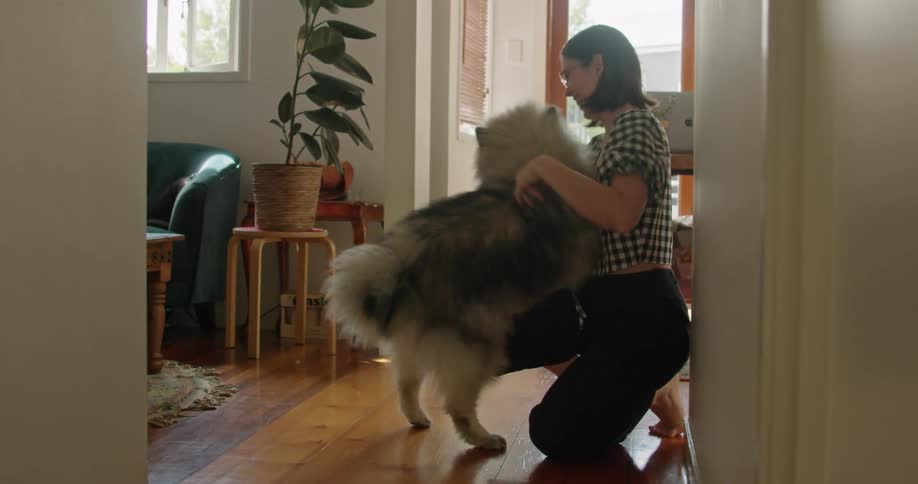 Woman with a blouse and black pants strokes a grey dog in the living room