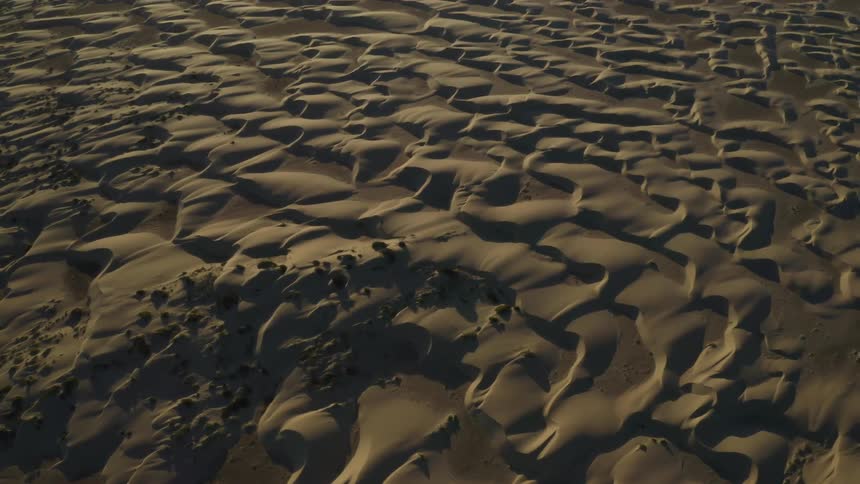 Sand dunes on a desert next to the ocean at sunset