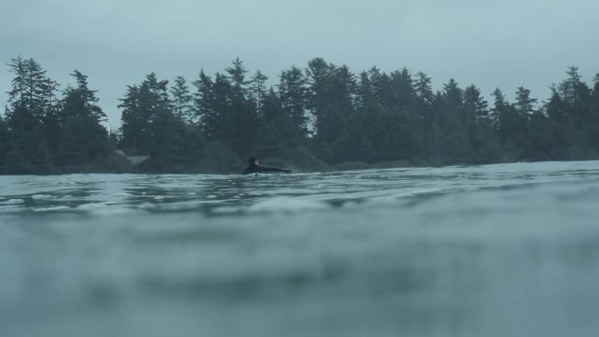 Man wearing a black wet suit riding a surfboard over the ocean waters near the forest